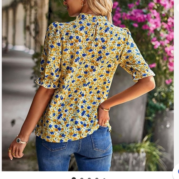 Womens retro Mock Neck Chiffon Lattern Puff Sleeve Floral shirt NWT - Picture 2 of 5